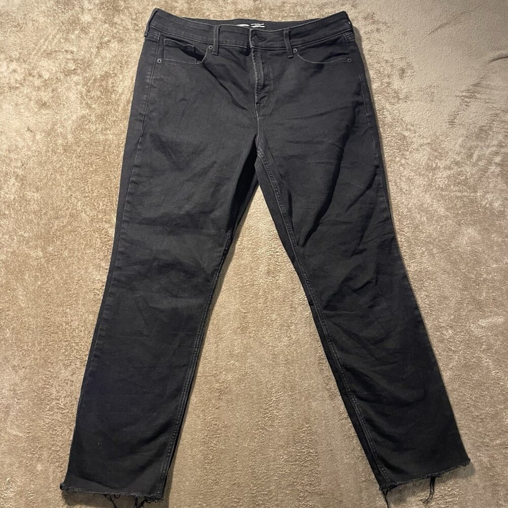 Old Navy Jeans Womens 14 Power Straight Black High Rise Stretchy Raw Hem Ankle